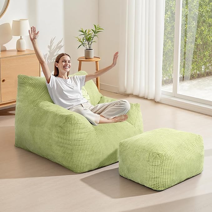 INMOZATA Bean Bag Chair for Adults, 3FT Beanbag Chair with Ottoman Pre-Filled Fluffy Lazy Chair Corded Fabric Accent Chair for Bedroom Living Room Dorm (Green)