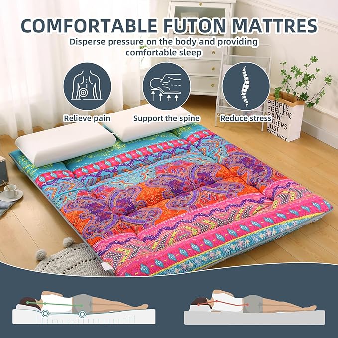 Bohemian Retro Japanese Floor Mattress, Vintage Floral Tatami Floor Mat, Portable Roll up Futon Mattress for Guest,Tavel (D,Queen80 X 60")