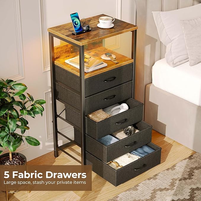 Seventable Night Stand with Charging Station, Tall Nightstand with 5 Fabric Storage Drawers, Side Table with LED Light for Bedroom, Entryway, Rustic Brown, Set of 2
