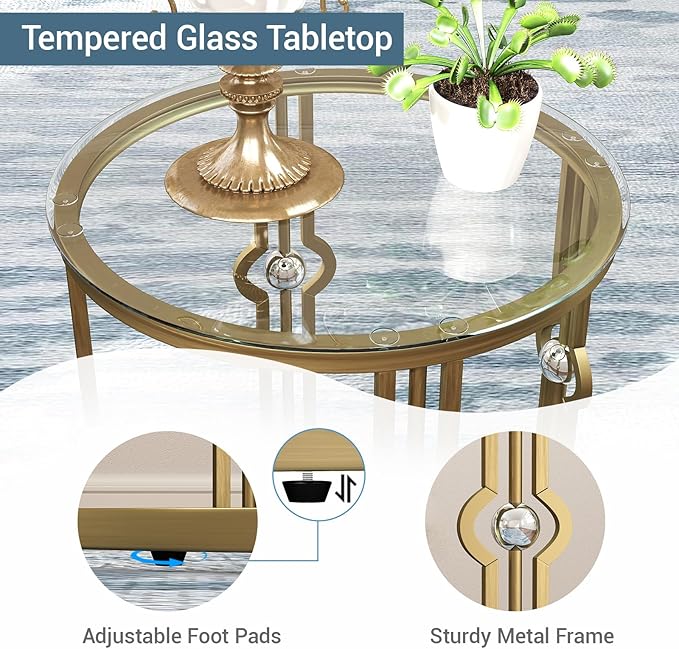 OIOG Glass Side Table Set of 2, Living Room End Table with Tempered Glass & Metal Frame, Gold Side Table for Bedroom Office, 2 PC