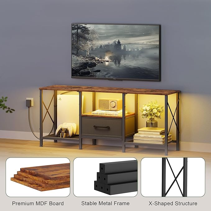 LED TV Stand with Fabric Drawer, Entertainment Center for 50 55 Inch TV, Industrial TV Console Table with Open Storage Shelves for Living Room, Bedroom, Rustic Brown