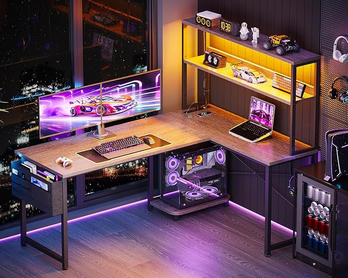 ODK 53 Inch L Shaped Desk with LED Lighting, Reversible Gaming Desk with Power Outlets, Cornor Computer Table with Storage Shelves & Bag & Iron Hook, Home Office Table for Writing, Study, Grey Oak