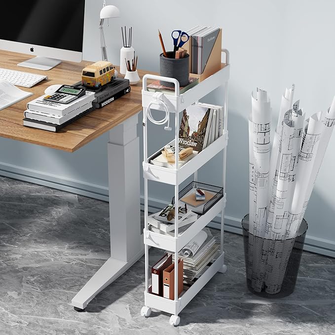 SOLEJAZZ Slim Rolling Storage Cart with Wheels 4 Tier Skinny Bathroom Storage Organizer Narrow Shelf Unit Thin Laundry Room Utility Cart for Bedside Kitchen Office Next to Fridge Small Places, White