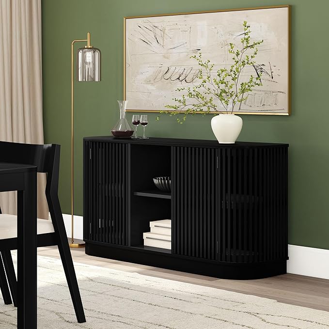 Plank+Beam Contour Wood TV Stand, Two Door Solid Wood Entertainment Console with Storage, 59" L x 16" W x 30" H, Black