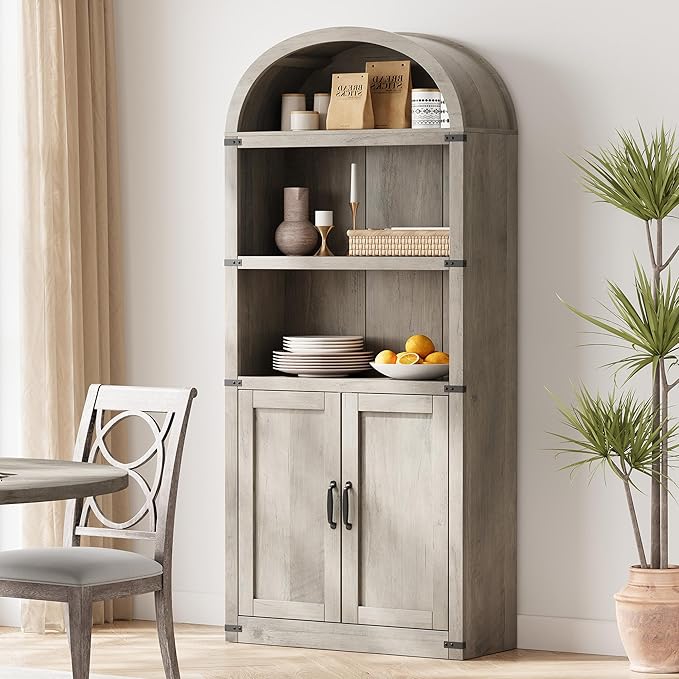Garveehome Bookcase with Doors Arched Bookshelf 71.65in Tall Bookcase Farmhouse Cabinet with Shelves Wooden Bookshelves for Home Office, Living Room