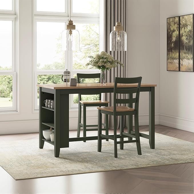 Signature Design by Ashley Gesthaven Modern Counter Height Dining Table with 3 Shelves and Trestle Base, Light Brown & Green