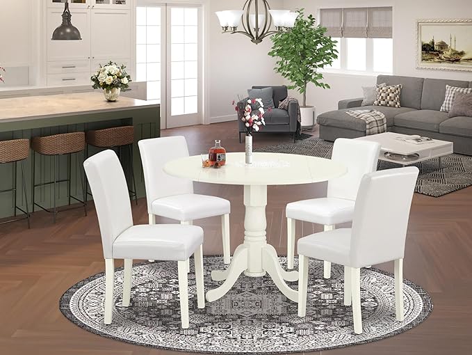 East West Furniture DLAB5-LWH-64 5 Piece Kitchen Table & Chairs Set Includes a Round Dining Room Table with Dropleaf and 4 White Faux Leather Parsons Dining Chairs, 42x42 Inch, Linen White