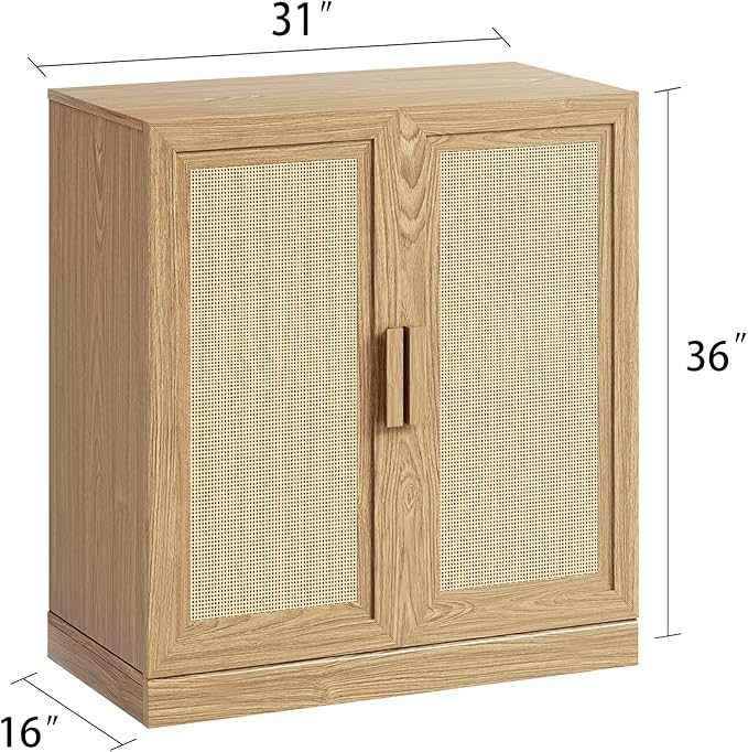 Buffet Cabinet, 2-Doors Sideboard Cabinet with Rattan Panels, Buffet Console Accent Table for Hallway Entryway Dining Room, 36", Oak