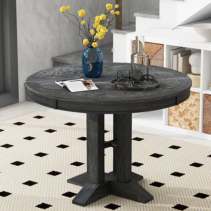 Need Extendable Farmhouse Round Dining Table, 48-60 Inch Pedestal Base Kitchen Table for Small Spaces & Dining Rooms (Black Finish)