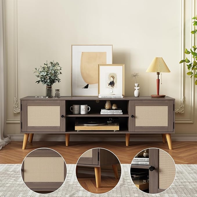 TV Stand for TVs up to 65 inches, Rattan Grain Finish Panel with 2 Storage cabinets, Modern Minimalist Style, Living Room, Audio-Visual Room for Multiple Rooms,3 Colors Available (Oak)
