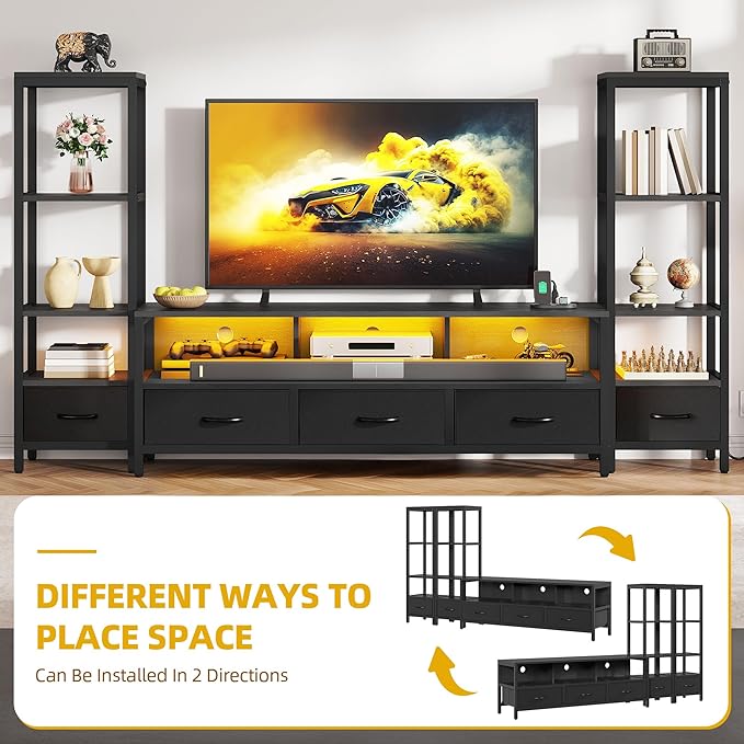 DWVO Entertainment Center with Bookshelves, LED TV Stand for 65/60 inch TV, Black TV Stand for Living Room with 2 Modern 4-Tier Bookshelves & Power Outlets, Black