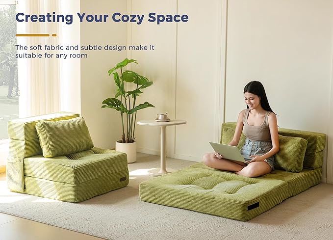 MAXYOYO Convertible Sofa Bed, Fold Out Loveseat Sleeper Sofa with Pillow, 4 in 1 Tufted Folding Couch Bed Foam Floor Couch, Lazy Chair for Living Room Bedroom Guest Room, Green