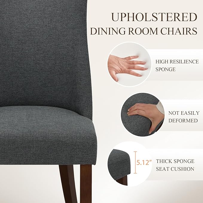 COLAMY Upholstered Dining Chairs Set of 4, Mid Century Modern Kitchen Chairs with Back, Farmhouse Fabric Side Dining Room Chairs with Wood Legs for Dining Room Restaurant, Dark Grey