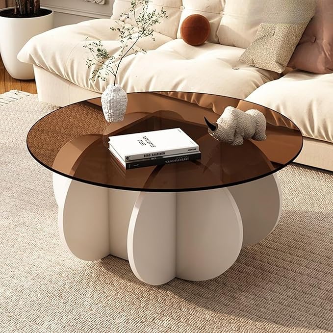 Round Coffee Table, Modern Glass Coffee Table for Living Room, Unique White Center Table with Tempered Glass Top & Solid Wood Legs, Circle Amber Accent Table for Small Spaces