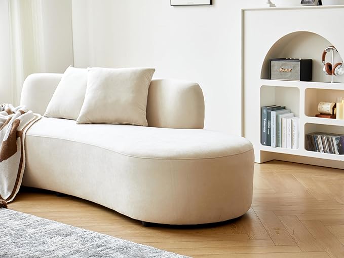 Container Furniture Direct 90" Curved Sofa with Throw Pillows, 4 Seater Luxury Velvet Couch with Half Moon Design and High-Density Foam, Ideal for Modern Living Room, Office & Apartment, Ivory White