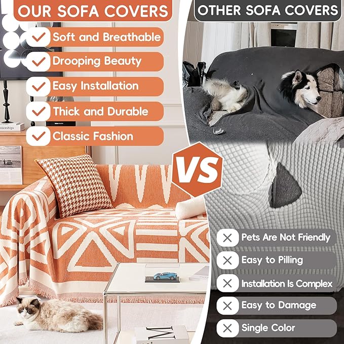 STACYPIK Thick Warm Orange Sofa Cover Armchair Slipcover Boho Geometric Couch Cover for Sectional Sofa Caramel Loveseat Cover Anti-Slip Chenille Couch Protector for 2 Cushion Couch Home Decor-71X102IN