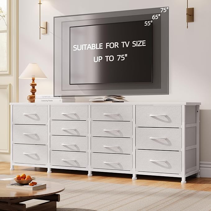 63 Inch TV Stand Dresser for Bedroom, Long White Dresser with 14 Fabric Drawers for 65 70 75 Inch TV, Entertainment Center with Storage Media TV Console Table