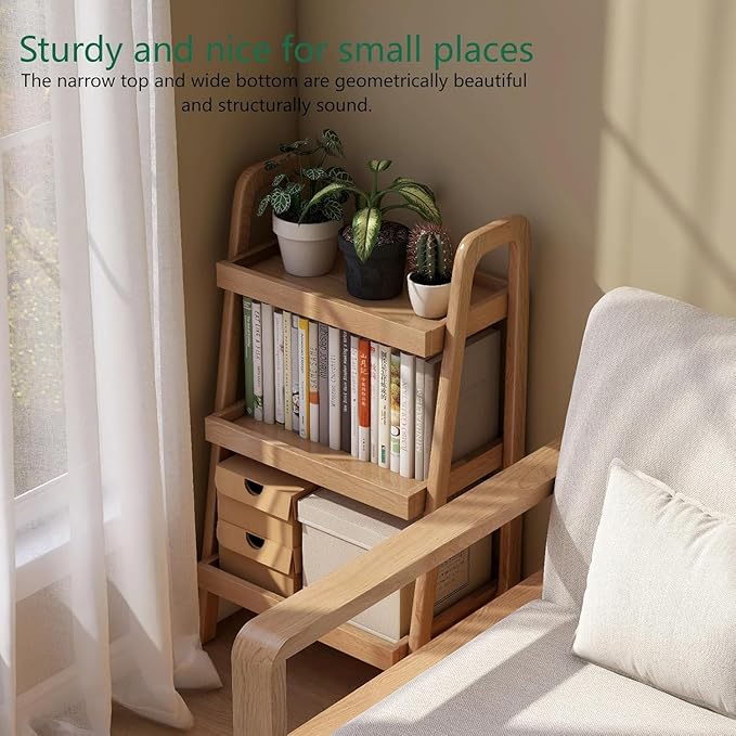 100% Solid Oak 3 Tier Ladder Shelf for Saving Space, Tall Nightstand with Stable Frame for Bedroom, Small Side Table for Living Room Office(Natural, 13.4" L x 25.6" W x 36.2" H)