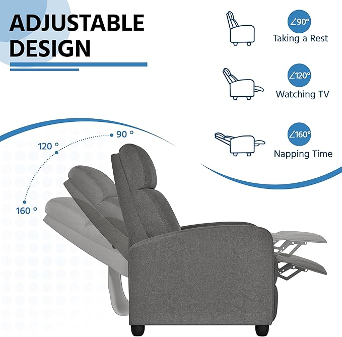 Yaheetech Fabric Recliner Chair Sofa Ergonomic Adjustable Single Sofa with Thicker Seat Cushion Modern Home Theater Seating for Living Room Matte Grey