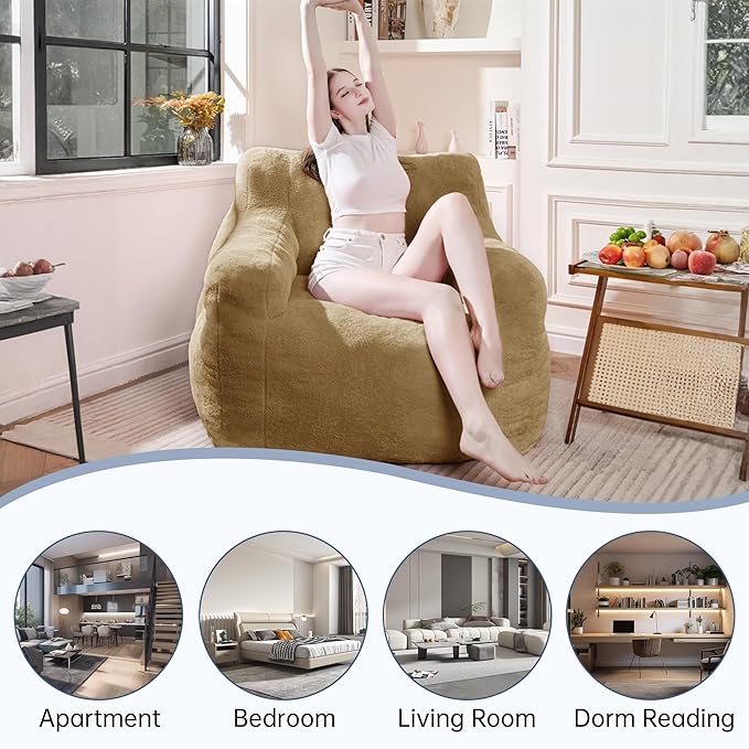 Comfy Chair Bean Bag Chairs for Adults, 3FT Bean Bag Couch Loungers for Teens & Kids, Comfy Memory Foam Bean Bag Chair Filled for Bedroom, Livingroom, Dorm (Khaki)