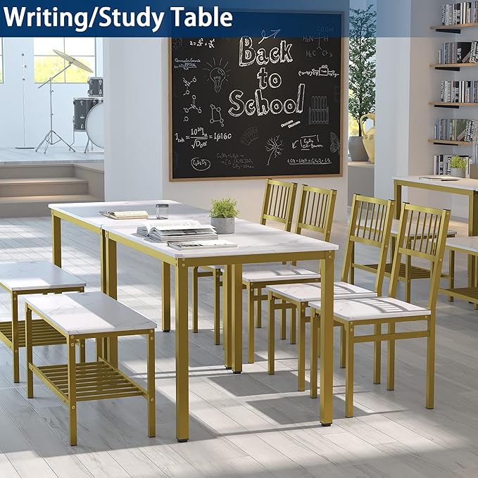Teraves Dining Table Set for 4/Computer Desk,Kitchen Table with 2 Chairs and a Bench,Table and Chairs Dining Set 4 Picce Set for Dining Room (White Marbling+ Gold Frame,120CM)