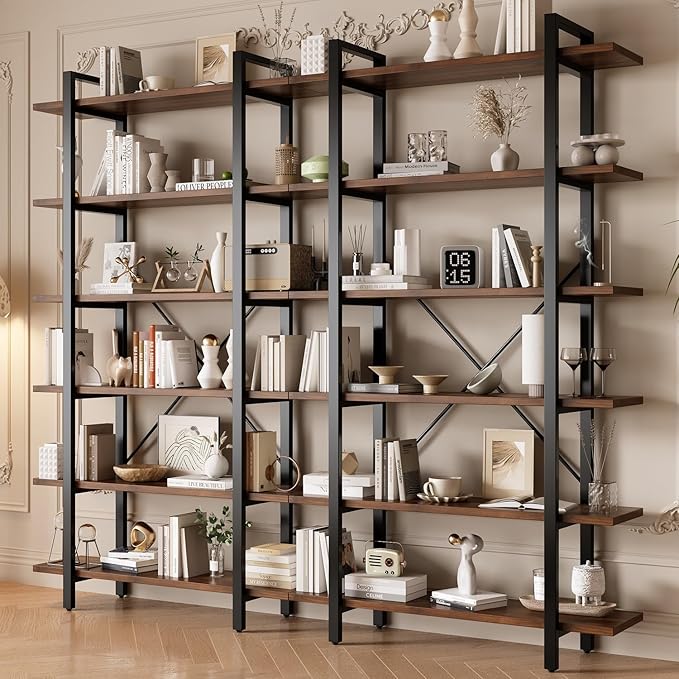 Solid Wood core Industrial Style Bookcase,Bookshelf with 6 Shelves, Walnut Wood and Black Metal Frame, Large Open Storage Display Unit (Dark Walnut, 6 Tiers)