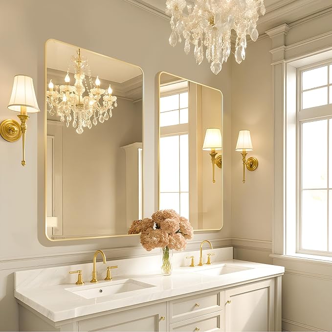 24x36 Rounded Rectangle Bathroom Mirrors for Over Sink, Glod Vanity Mirror with Metal Frame Wall Mounted, Modern Farmhouse Mirror for Restroom, Bedroom, Entryway Decor