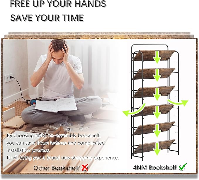 4NM No Assembly Folding Bookshelf 6 Tiers Vintage Industrial Black Book Shelf Metal Foldable Storage Bookcase and Bookshelves for Living Room,Bedroom and Kitchen - Rustic Brown