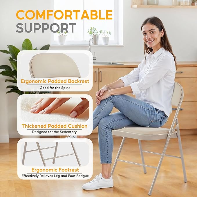 HealSmart 4 Pcs Folding Chairs with Leather Padded Cushion Seats, Back & Sturdy Metal Frame, Stackable, Portable, Commercial Event Seat, Indoor Outdoor for Parties, Home Event, Office, Tan