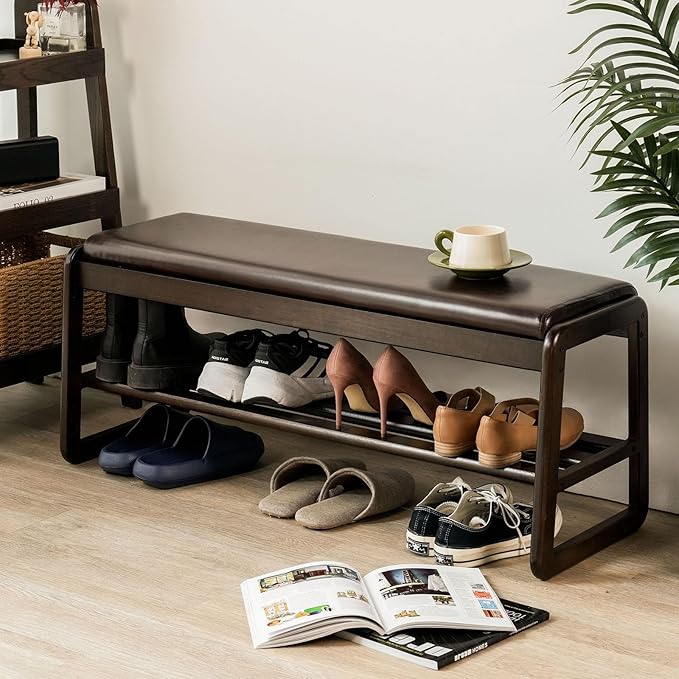 Shoe Bench, Entryway Bench with Leather Cushion, Solid Wood Shoe Rack, Mid Century Modern Bench, Shoe Storage, Shoe Organizer for Entryway (Brown, 39.4" W)