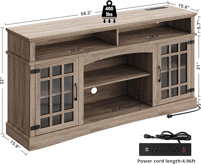 IRONCK Farmhouse TV Stand for 65 Inch TV, 32“Tall Entertainment Center with Power Outlets, Rustic TV Cabinet with Glass Door Media Console, TV Console for Living Room, Light Rustic Oak