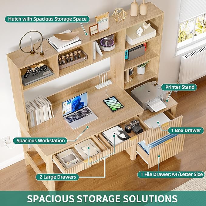 YITAHOME Computer Desk with Hutch and Drawers, 55" Office Desk with Storage Shelves and Printer Stand, Gaming Desk with Power Outlets & LED Lights, Fluted Sturdy Writing Workstation, Natural Oak