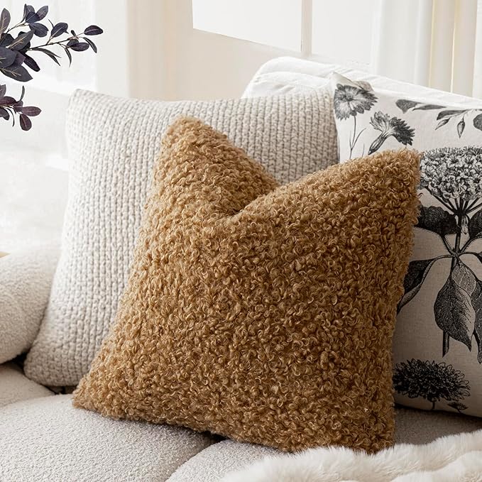 Foindtower 2 Pieces 16x16 Inch Bronze, Faux Fur Throw Pillow Cover Accent Sherpa Pillow Fuzzy Soft Pillowcases Sheepskin Decorative Fleece Cushion Case for Bed Couch Living Room