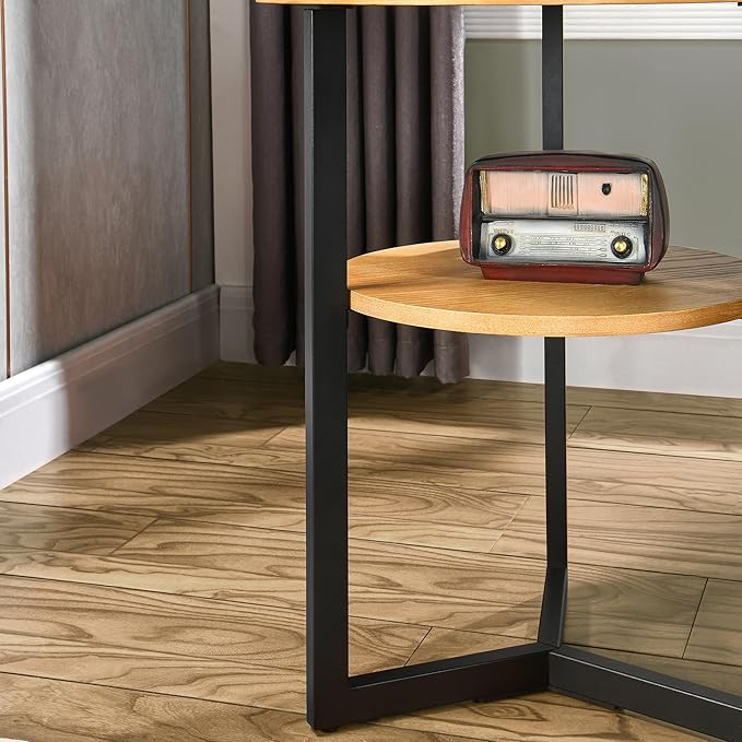 LEEMTORIG Round Side Table, High End Table Nightstand with Metal Legs, Modern Bedside Table with 2 Tier for Living Room, Bedroom, Office, Natural Wood Color/Black, 19.3 x 19.3 x 24 inches BZ-1338-OA