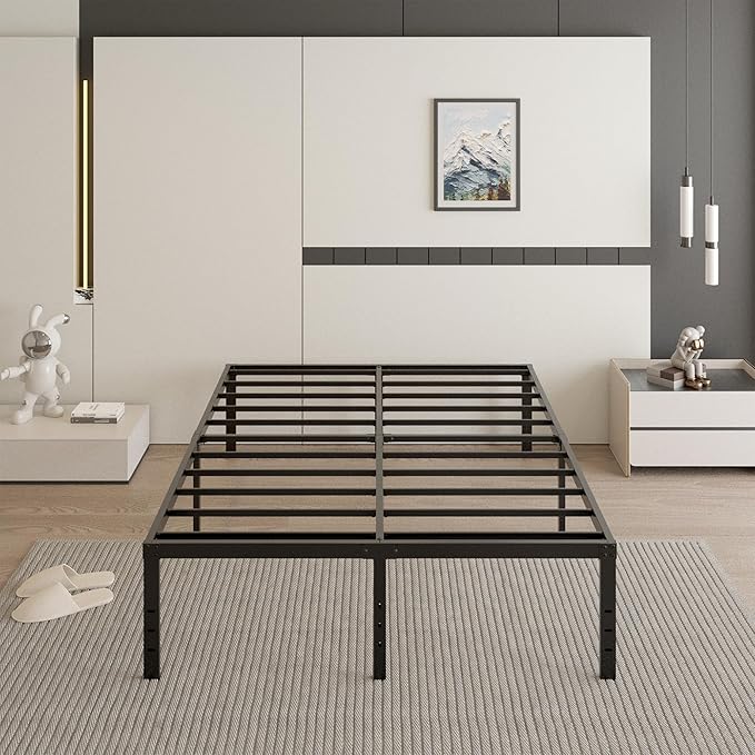18 Inch California King Bed Frame with Black Bed Cover, Metal Cal King Bed Frame No Box Spring Needed, Heavy Duty Mattress Foundation, Easy Assembly, Noise Free