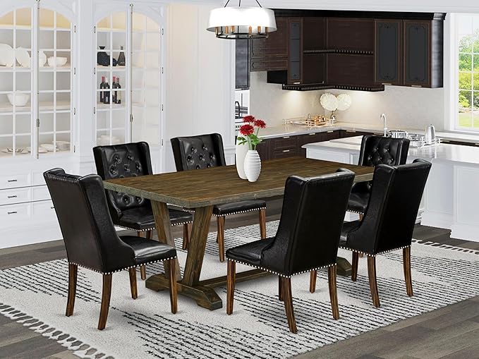 East West Furniture V777FO749-7 7 Piece Modern Dining Table Set Consist of a Rectangle Wooden Table with V-Legs and 6 Black Faux Leather Parsons Dining Chairs, 40x72 Inch, Multi-Color