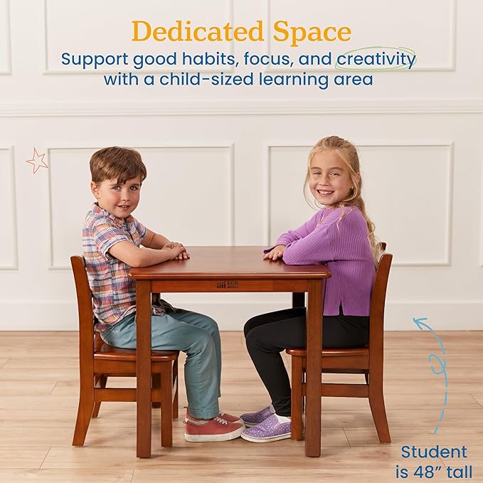 ECR4Kids 24in x 24in Hardwood Table and Chair Set, 12in Seat Height, Kids Furniture, Dark Walnut