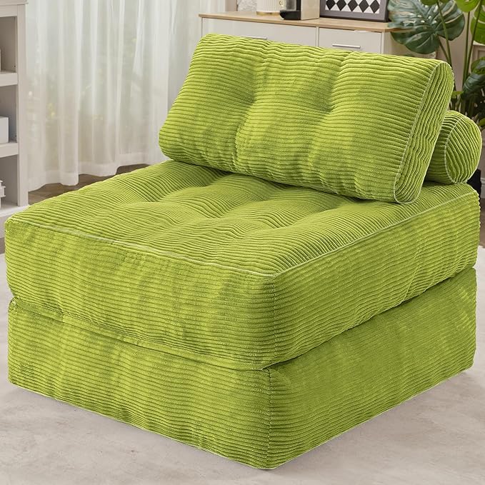 HABUTWAY Folding Sofa Bed, Convertible Sleeper Chair Bed w/Dual-Pillow & Handle, Foldable Floor Sofa Lounge w/Back Support for Living Room, Bedroom, Apartment, Office, Green