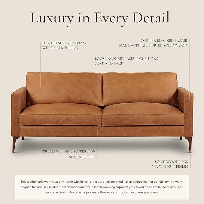 POLY & BARK Mateo Leather Sofa in Full-Grain Pure-Aniline Italian Tanned Leather in Cognac Tan