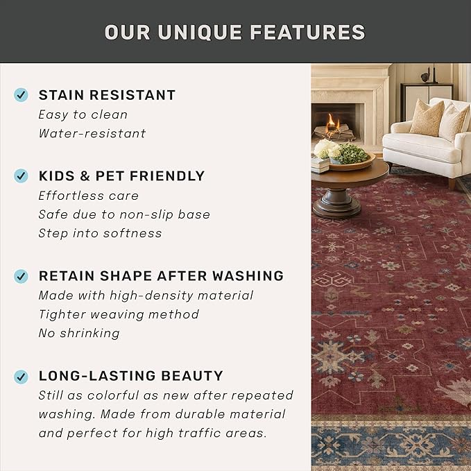 Burgundy 2x4 Washable Entry Rug for Inside House, Kitchen Floor, Thin Door Mats for Inside Entry, Washable Non Slip Low Pile Stain & Fade Resistant, Modern Eclectic Floral Decor