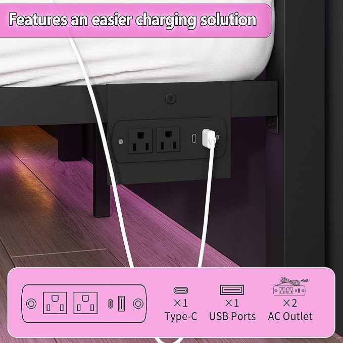 Full Size Bed Frame with Headboard and Footboard,Steel Slats Support-LED Bed Frame with USB Charging Station,Mattress Foundation-Under Bed Storage, No Box Spring Needed,Noise Free,Black