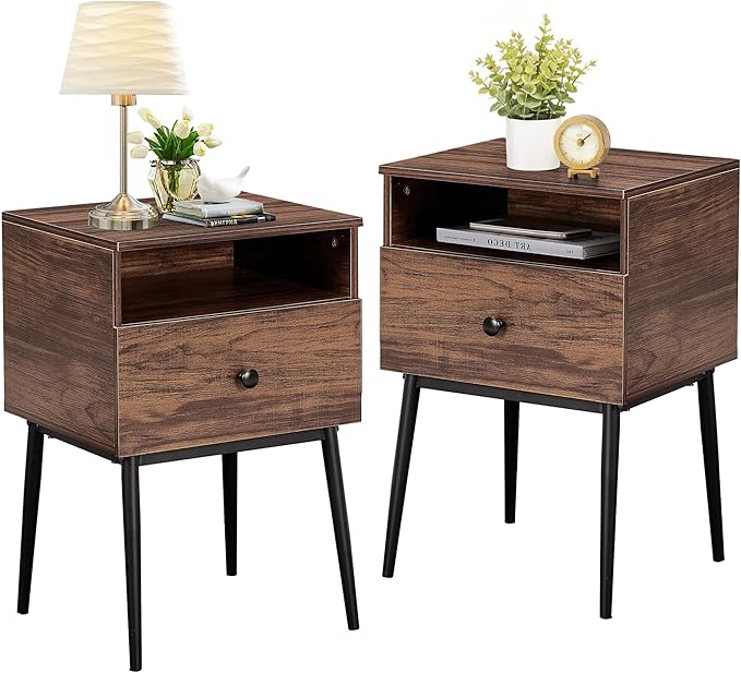 VECELO 2-Tier Nightstands Bedside Table with Storage Drawer and Open Wood Shelf, End Table for Living Room, Bedroom and Small Spaces, Night Stand with Metal Legs, Easy Assembly