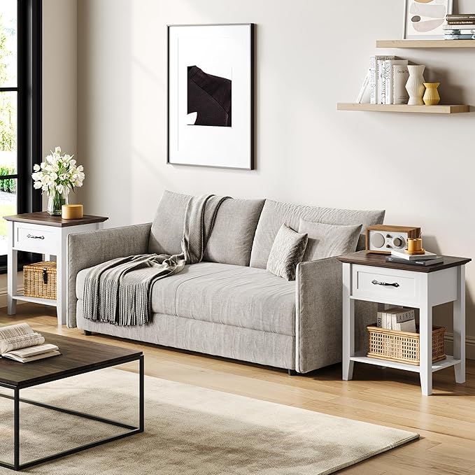 IDEALHOUSE Nightstand, End Table with Drawer, Side Table for Spaces, 2 Tiers Storage Shelves with Dresser, Bedside Table for Living Room, Bedroom, Dorm (White)
