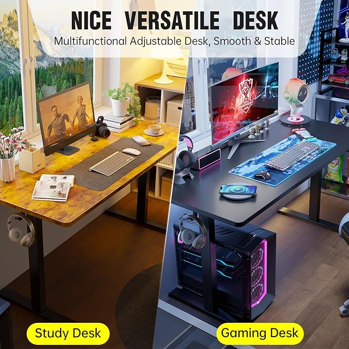 Veken 55 Inch Large Electric Standing Desk, 4 Memory Heights Adjustable,Sit to Stand Up, Work Home Office Computer Table for Study, Walking Pad, Writing, and Games, Wooden Desktop Desks, Brown