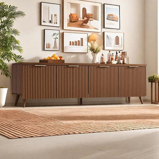 TV Stand for Up to 60" TVs, Modern Entertainment Center with 4 Cylindrical Stripe Doors, Media Console Table with Solid Wooden Legs, Modern TV Stand for Living Room, Bedroom, Walnut