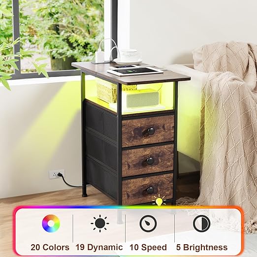 AMHANCIBLE Narrow End Table Living Room with Charging Station, Slim LED Nightstand with Fabric Drawers, Skinny Side Table for Bedroom, Small Spaces, Couch, Rustic Brown, HETN013LBR-1