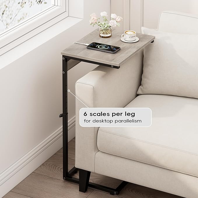 Vagusicc C Shaped End Table with Charging Station, Adjustable Height Side Table for Couch,Small Side Table Small Spaces,33.2'' Tall Couch Tables that Slide Under, Tv Tray Table for Living Room, Greige
