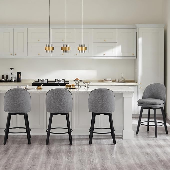 Counter Height Barstools 26 inch Upholstered Swivel Bar Stools with Back and Wood Legs for Kitchen Island,Set of 3,Dark Grey Fabric-Armless