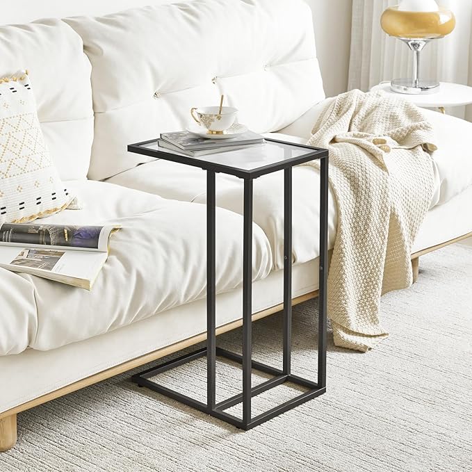 YMYNY C-Shaped End Table, Tempered Glass Sofa Side Table, nightstand for Small Place,Coffee Table for Hallway Office Bedroom Living Room, Metal Frame, Black, 24.8 * 15.75 * 11.8" UHGD001B
