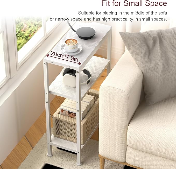 Narrow Side Table for Small Space Set of 2, 3-Tier Small End Table with Shelf Holder, Slim Nightstand, Skinny Snack Couch Table in Living Room, Bedroom, Study, Kitchen and Balcony（White